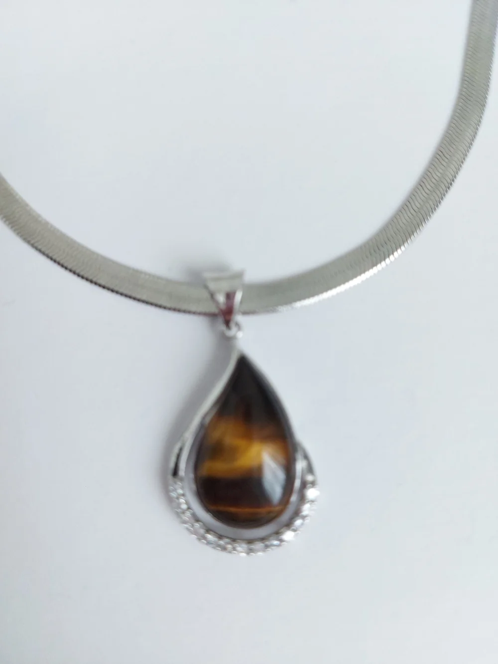 Tiger Eye Crystals Teardrop Pendant Necklace Silver Tone  Statement Necklace